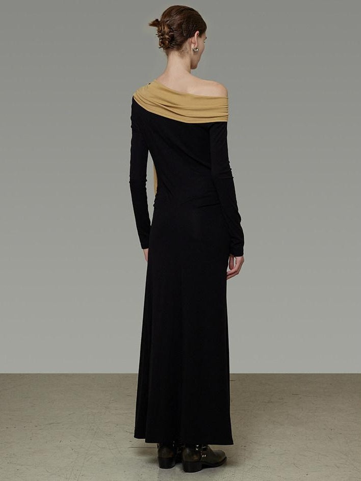 unspoken Breathable Lyocell Knit Slim A Line Waist Cinch V-neck Black Ladies Maxi Dresses