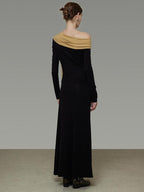 unspoken Breathable Lyocell Knit Slim A Line Waist Cinch V-neck Black Ladies Maxi Dresses