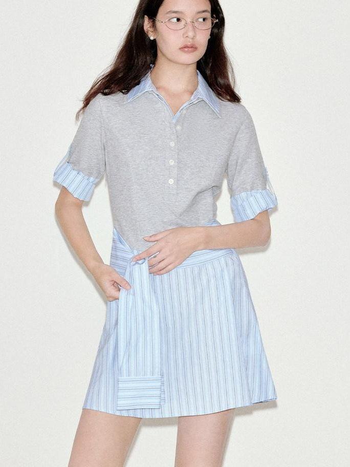 fano High Waist A Line Polo Collar Short Sleeve Cotton Blend Light Blue Midi Dresses