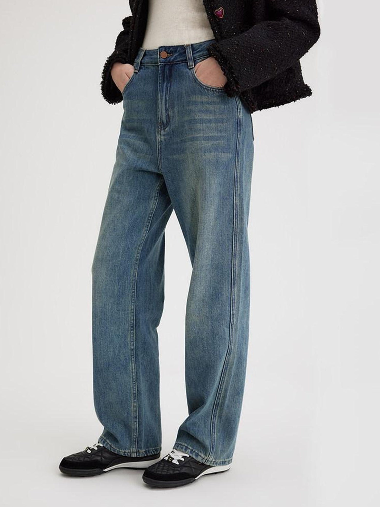 fano High Waist Washed Clean Straight Rigid Denim Blue Straight Leg Jeans