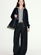fano Striped Faux Two Piece Loose Fit Commuter Women Black Cotton Blend Hoodie