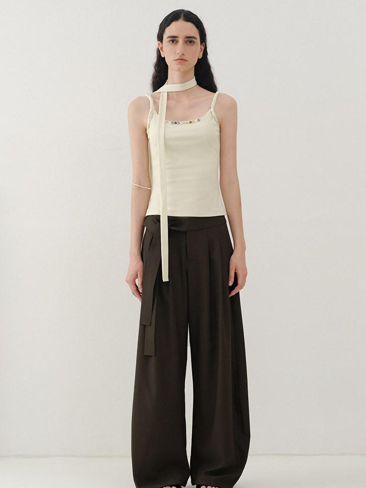 someonesometimes Minimalist Work Natural Waist Button Tea Brown Stretch Wide Leg Pants