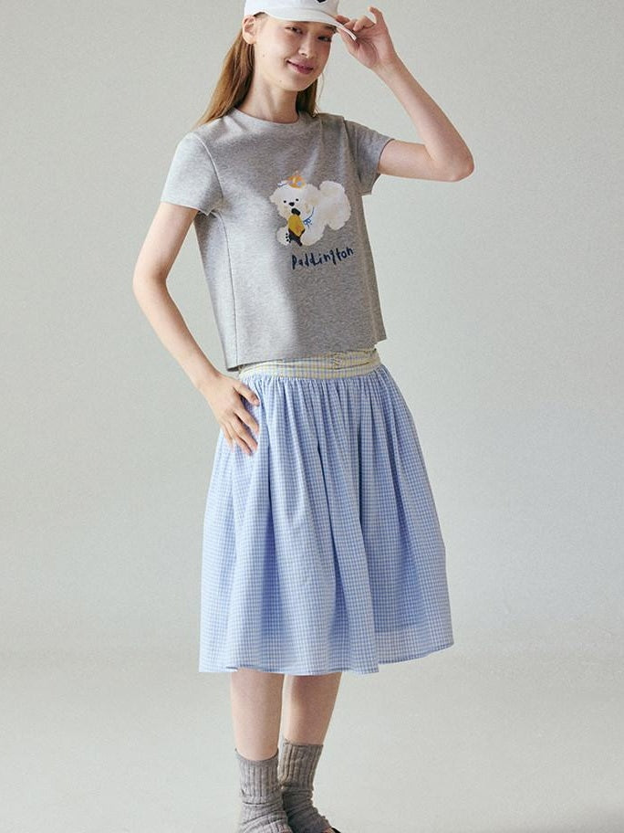 fano Creative Printed Slim Korean Short Sleeve Heather Gray Cotton Basic Crop Tops