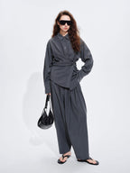 audreyyang Striped Relaxed Lapel Button Long Sleeve Casual Women Polyester Top & Pants Sets