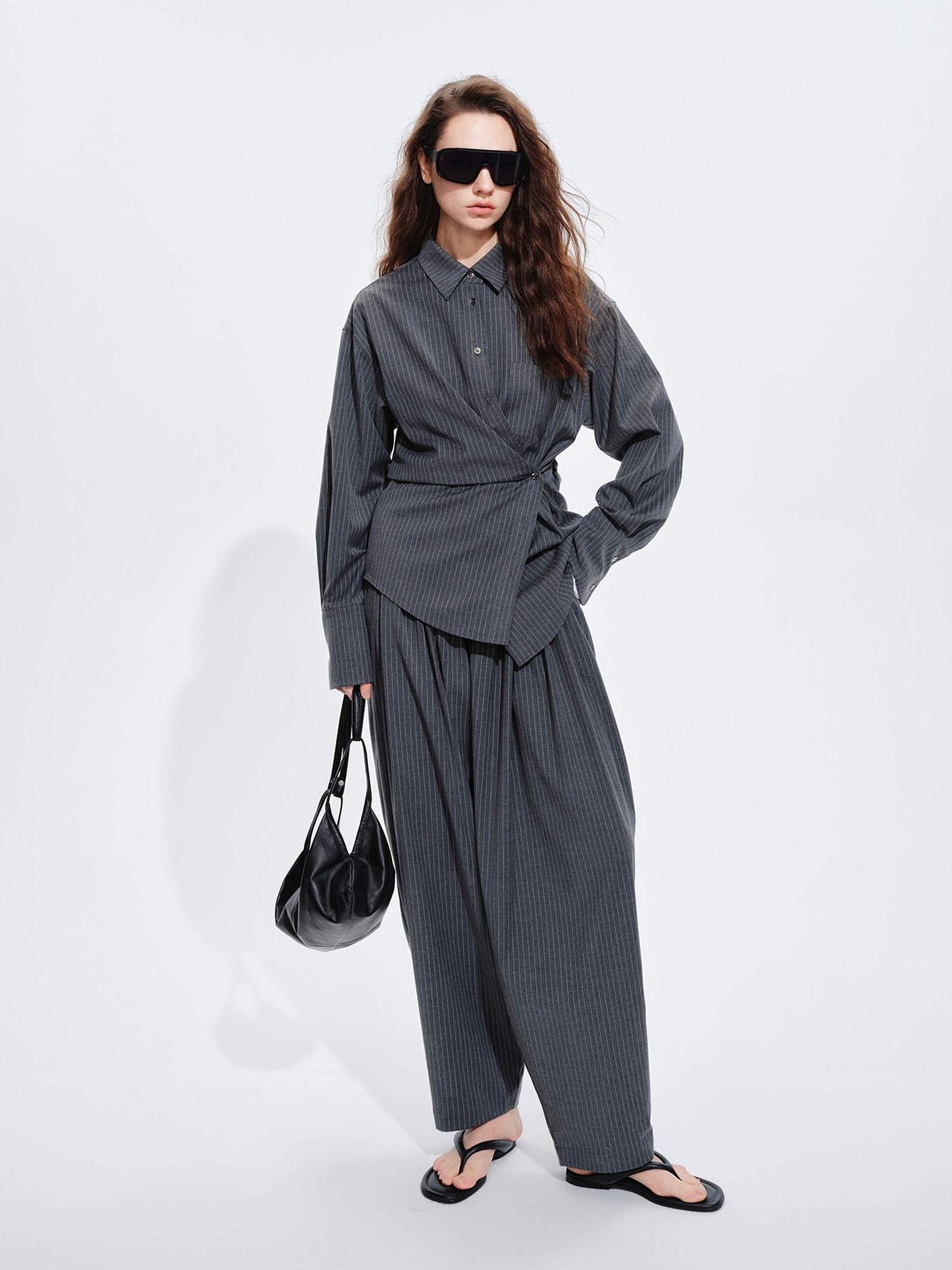 audreyyang Striped Relaxed Lapel Button Long Sleeve Casual Women Polyester Top & Pants Sets