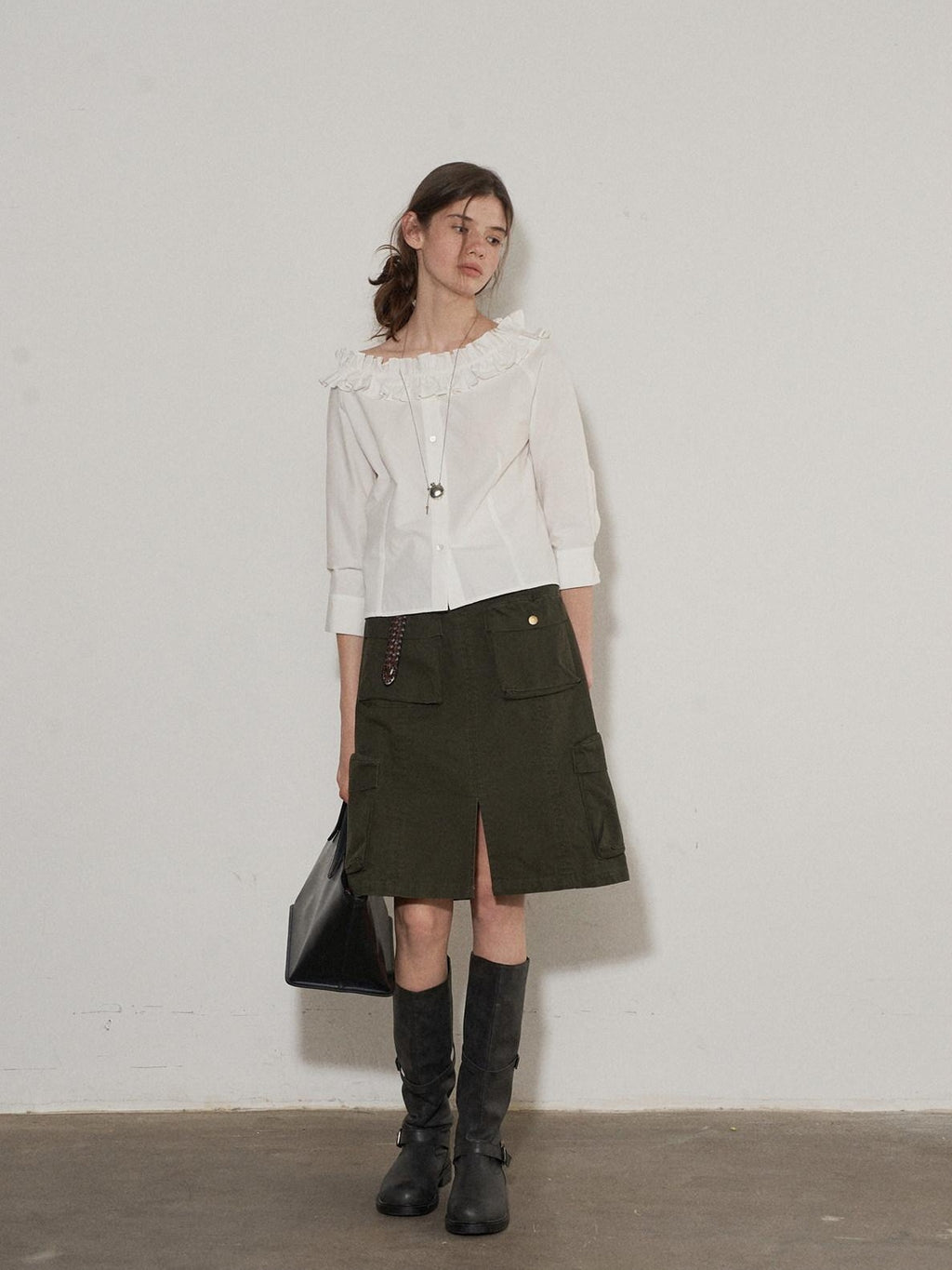 Lofi choose High Waist Cotton Slit H Line Loose Office Women Seaweed Green Midi Skirts