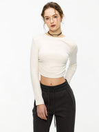 ikyou Slim Drawstring Long Sleeve Combed Cotton Crewneck Black White Basic Crop Tops