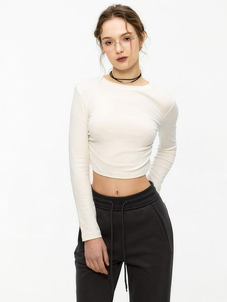 ikyou Slim Drawstring Long Sleeve Combed Cotton Crewneck Black White Basic Crop Tops