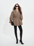 audreyyang Tie Front Vintage Oversized Batwing Sleeve Women Polyester Cropped Jackets