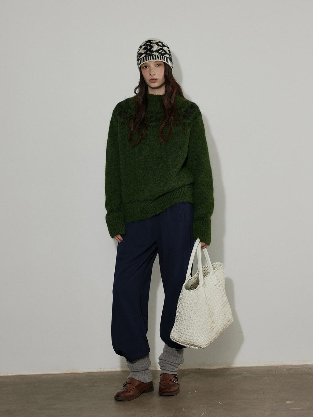 Lofi choose Thick Loose Fit Commuter Round Neck Pullover Women Knit Green Brown Sweaters