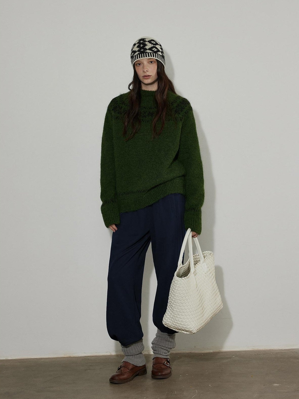 Lofi choose Thick Loose Fit Commuter Round Neck Pullover Women Knit Green Brown Sweaters