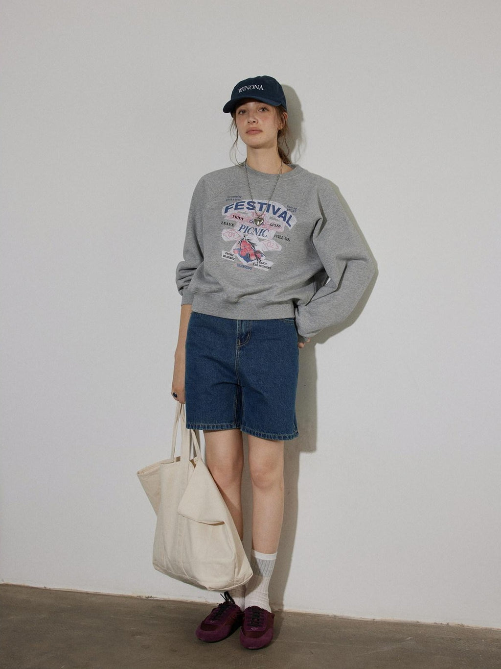 Lofi choose 100% Cotton Loose Fit Crewneck Pullover Commuter Women Blue Gray Sweatshirt