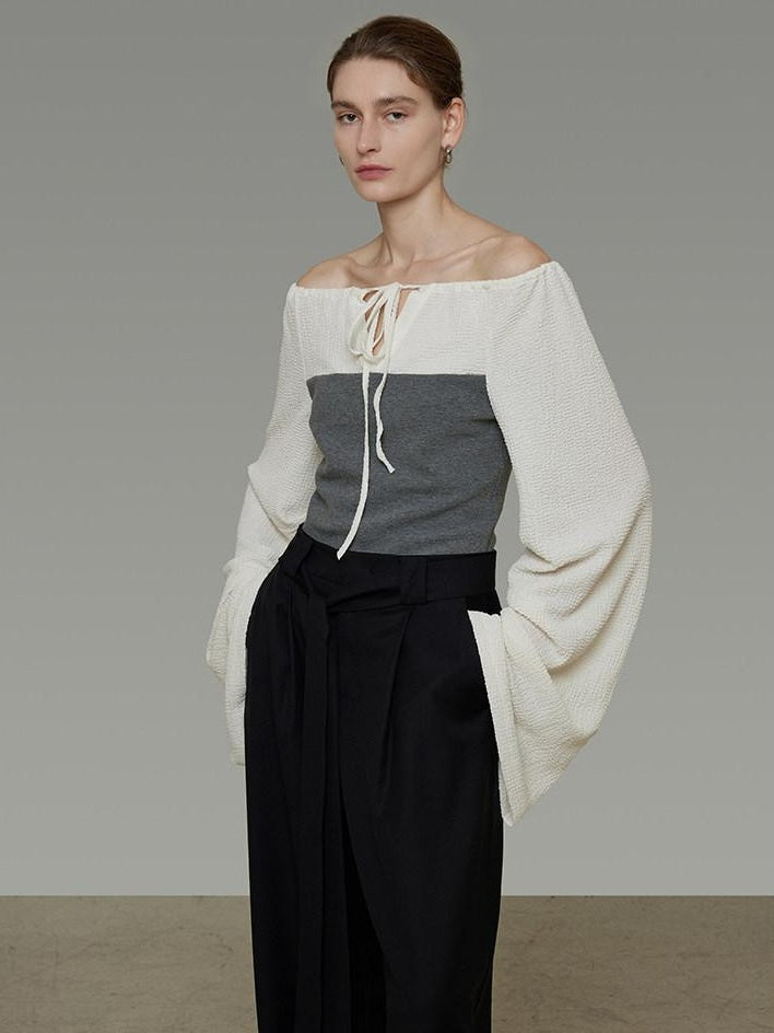 unspoken Breathable Cotton Contrast V-neck Loose Longsleeve Tie Front Women Blouses