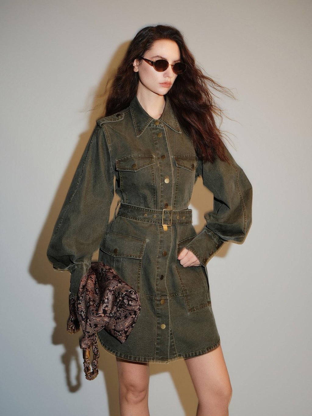 audreyyang Pure Cotton Relaxed Utility Button Women Military Green Denim Jackets