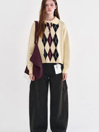 fano Cotton Cashmere Warm Vintage Loose Rolled Edge Pullover Casual Argyle Sweaters