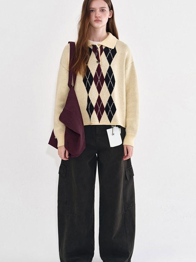 fano Cotton Cashmere Warm Vintage Loose Rolled Edge Pullover Casual Argyle Sweaters