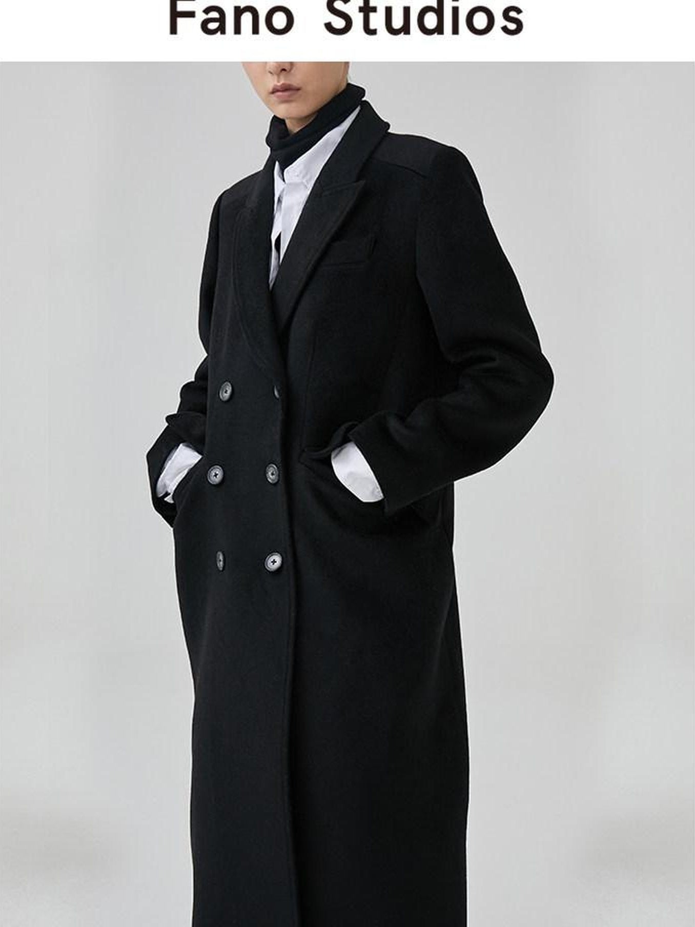 fano Thick Doublebreasted Blazer Collar Commuter Midlength Women Black Long Coats