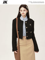 ikyou 3D Button Trim Slim Fit Office Long Sleeve Solid Polyester Cropped Jackets