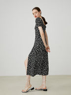fano Viscose Square Neck Puff Sleeve A Line Casual Black Floral Maxi Dresses