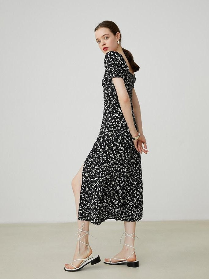 fano Viscose Square Neck Puff Sleeve A Line Casual Black Floral Maxi Dresses