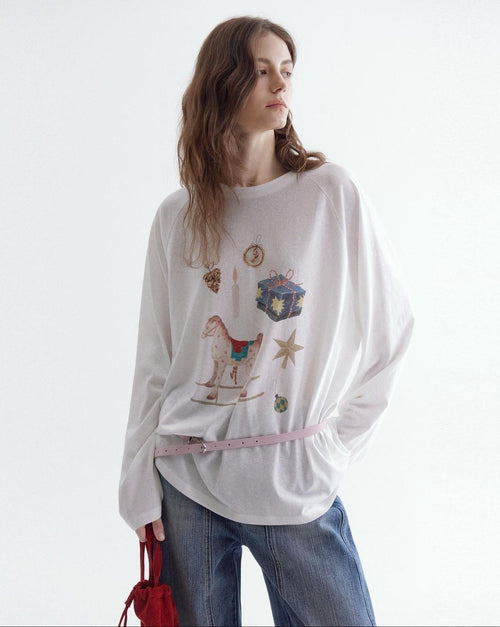fano Cotton Blend Printed Crewneck Loose Fit Women White Long Sleeve T-Shirts