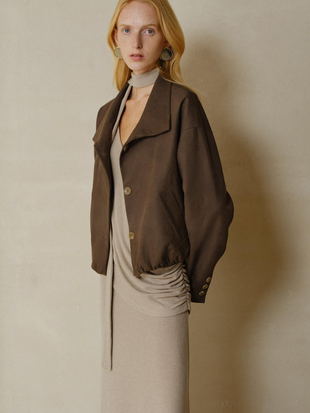someonesometimes Stretch Polyester Vintage Loose Short Zip Women Coffee Brown Cropped Jackets