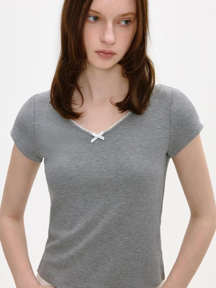 fano Soft V-neck Stretch Slim Fit Korean Office Short Sleeve Grey Basic Crop Tops