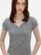 fano Soft V-neck Stretch Slim Fit Korean Office Short Sleeve Grey Basic Crop Tops
