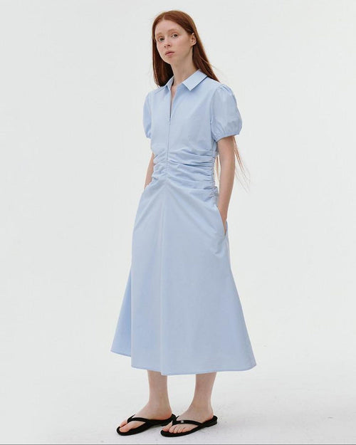 fano 100% Cotton Puff Sleeve A Line Natural Waist Solid Blue Zipper Maxi Dresses