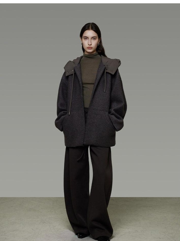 unspoken Premium Lambswool Hooded Relaxed Fit Minimal Commuter Zipper Gray Wool Coats