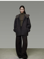 unspoken Premium Lambswool Hooded Relaxed Fit Minimal Commuter Zipper Gray Wool Coats