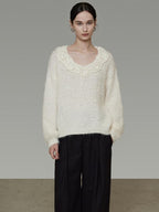 unspoken Cozy Minimal Commuter V-neck Crochet Knit Loose Women Pullover Sweaters