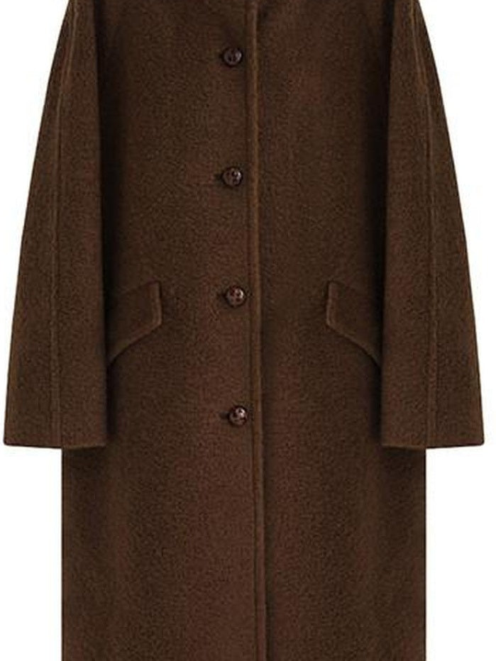 fano Soft Wool Blend Straight Cut Stand Collar Pockets Commuter Midlength Wool Coats