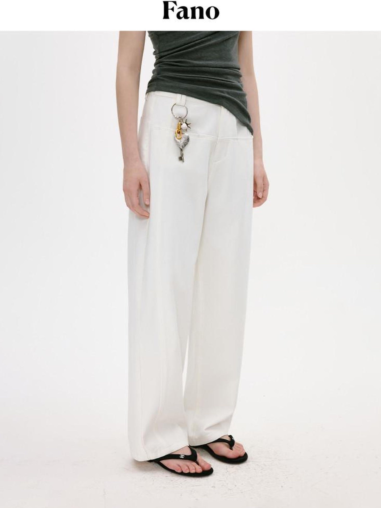 fano White Casual Loose Wide Leg Natural Waist Zipper Women Straight Pants