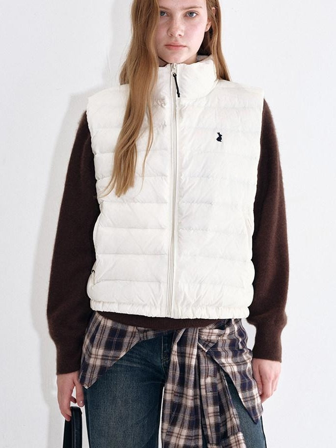 fano 90% White Duck Down Sleeveless Straight Stand Collar Zipper Beige Down Jackets