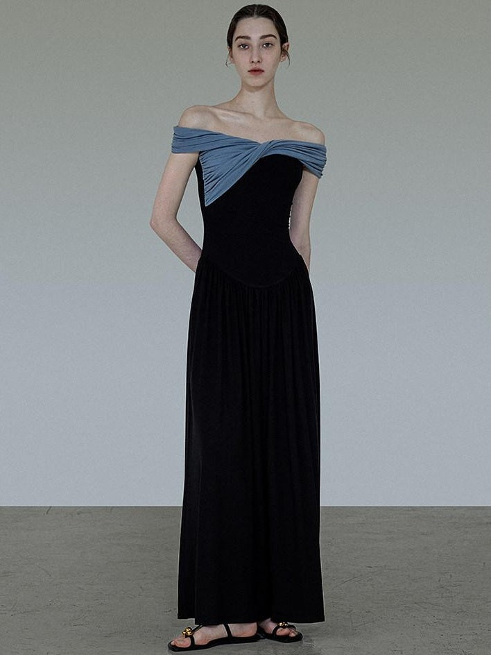 unspoken High Waist Colorblock V-neck A Line Viscose Knit Casual Women Maxi Dresses
