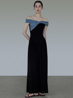 unspoken High Waist Colorblock V-neck A Line Viscose Knit Casual Women Maxi Dresses