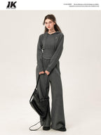 ikyou Ribbed Grey Cropped Hood Pullover Commuter Polyester Women Top & Pants Sets