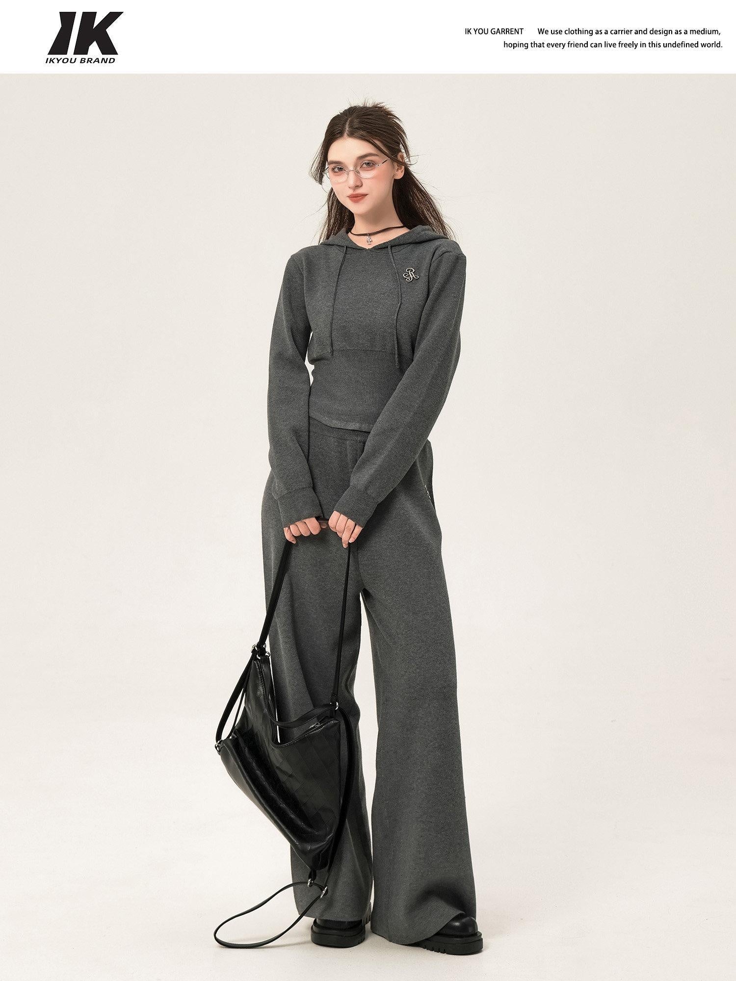 ikyou Ribbed Grey Cropped Hood Pullover Commuter Polyester Women Top & Pants Sets