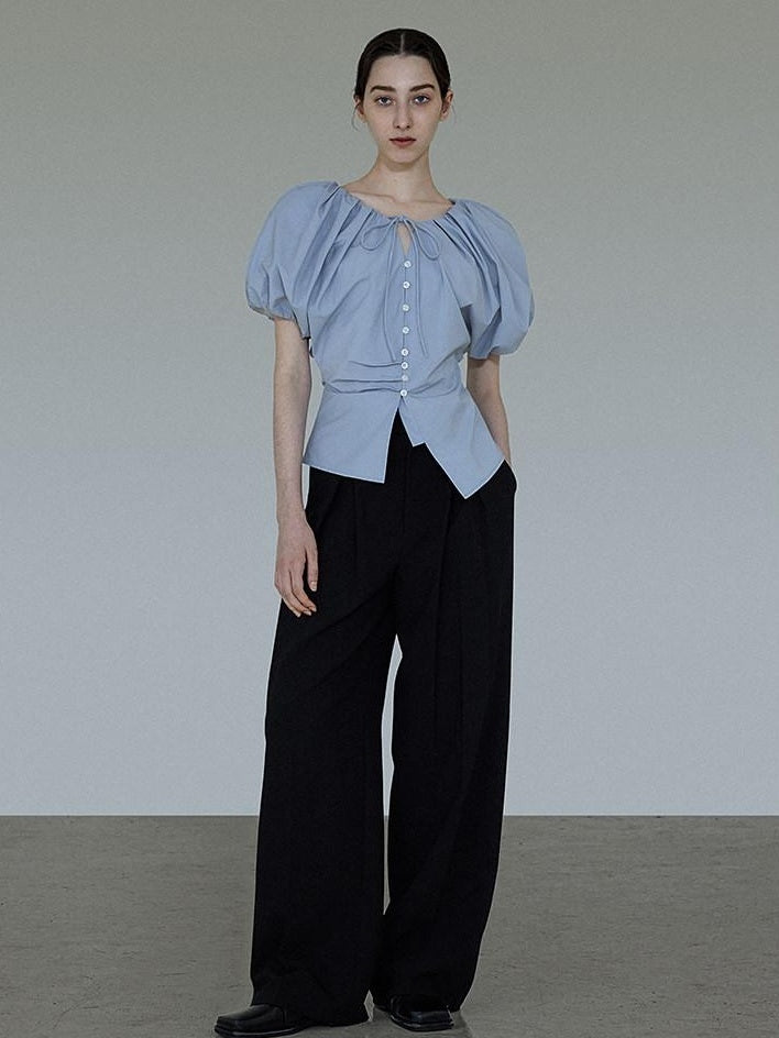 unspoken Breathable Cotton Tie Waist Puff Sleeve Commuter Women Round Neck Button Blouses