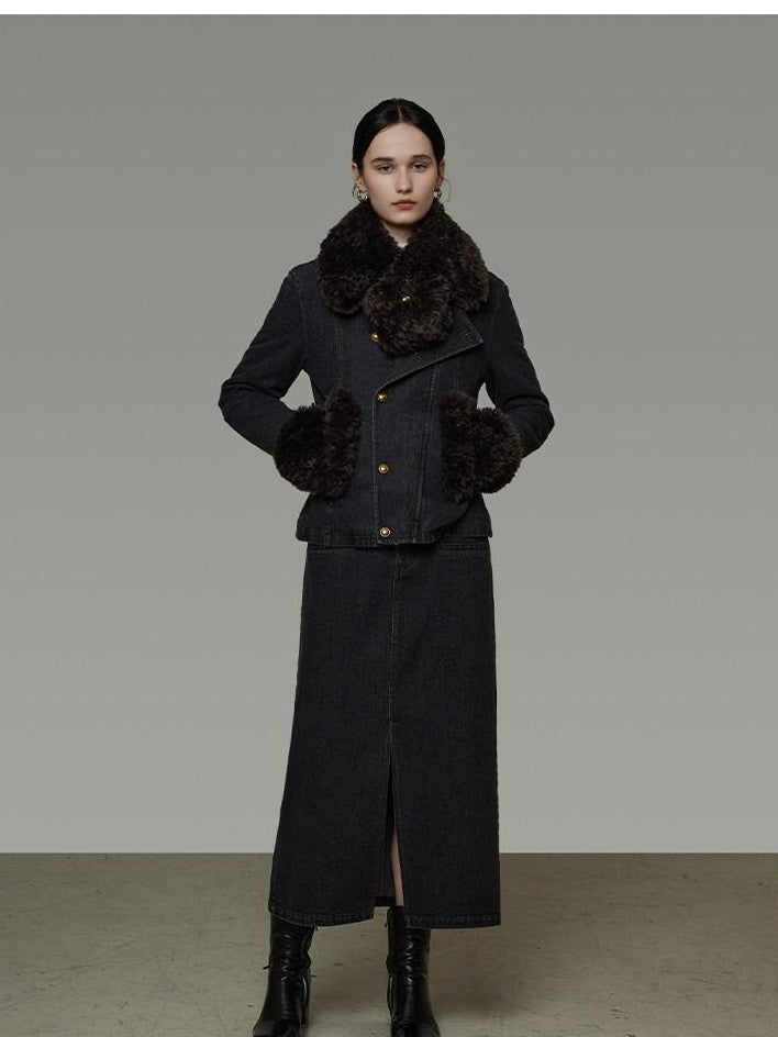 unspoken Warm Buttoned Panel Slim High Waist Long Sleeve Women Black Top & Skirt Sets