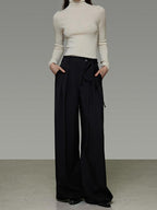 unspoken High Waist Tie Detail Minimalist Breathable Office Black Polyester Wide Leg Pants