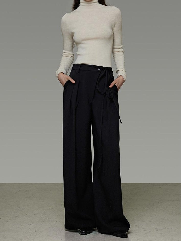 unspoken High Waist Tie Detail Minimalist Breathable Office Black Polyester Wide Leg Pants