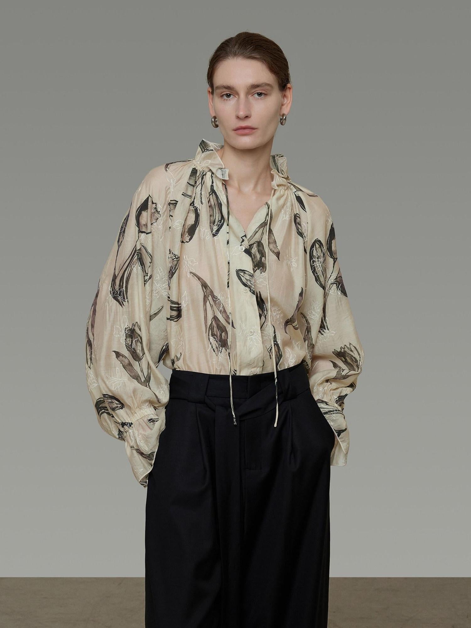 unspoken Breathable Soft Office Loose V-neck Embroidered Floral Viscose Blend Blouses