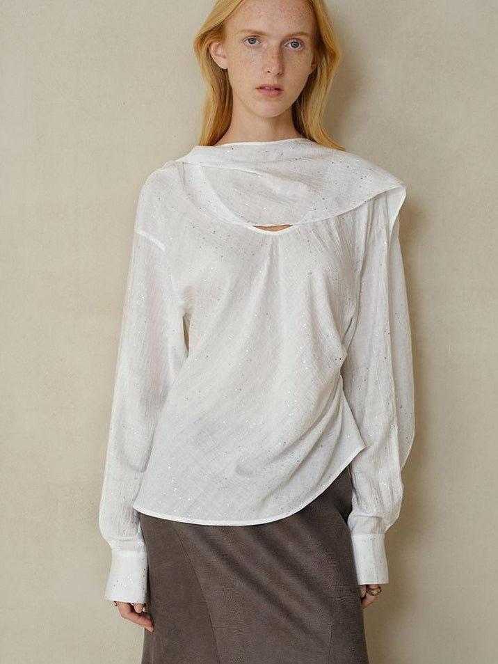 someonesometimes Cooling French Loose Round Neck Sparkle White Nylon Long Sleeve Blouses