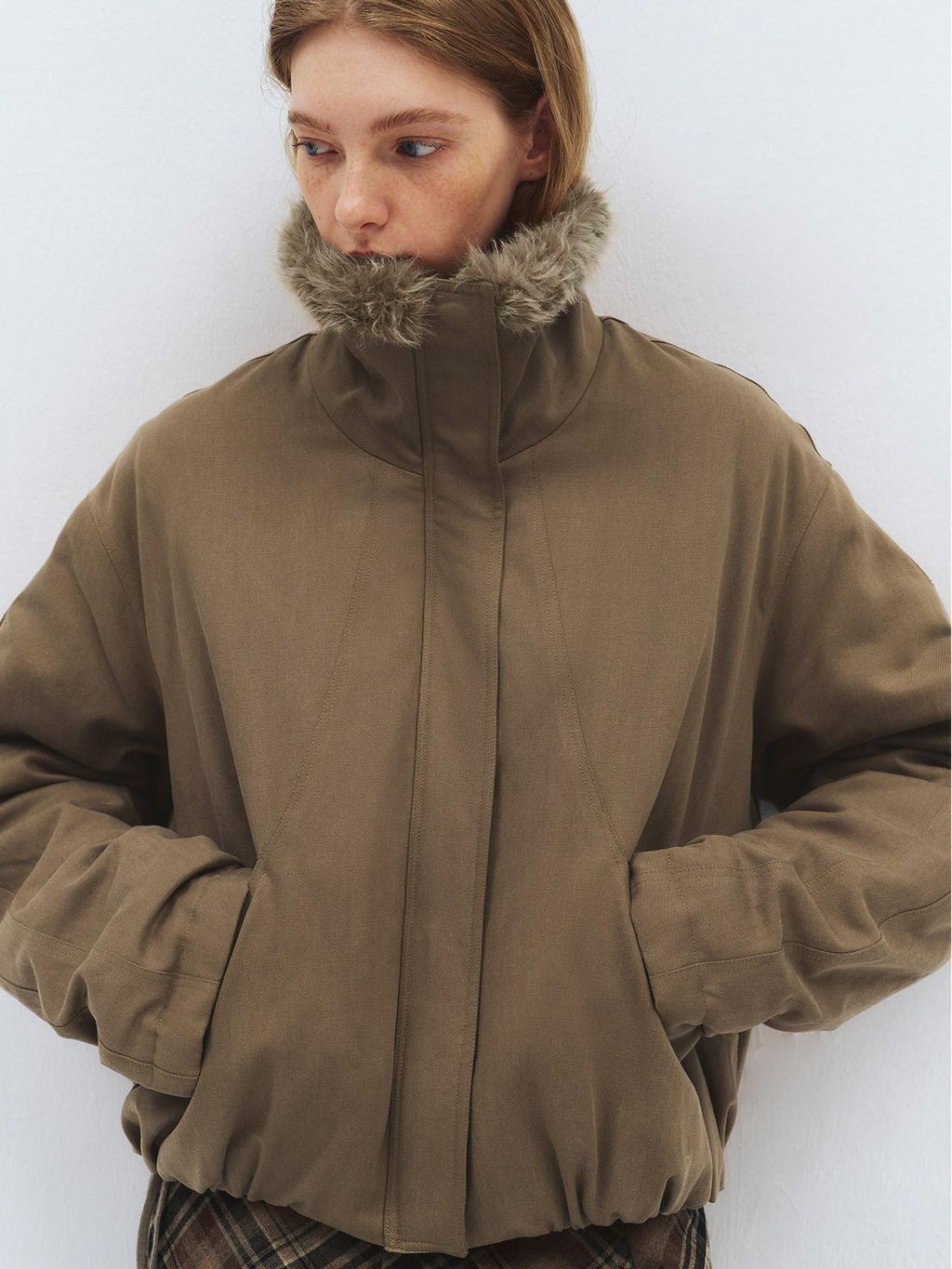 someonesometimes Lyocell Cotton Blend Relaxed Stand Collar Zip Women Beechwood Green Short Coat