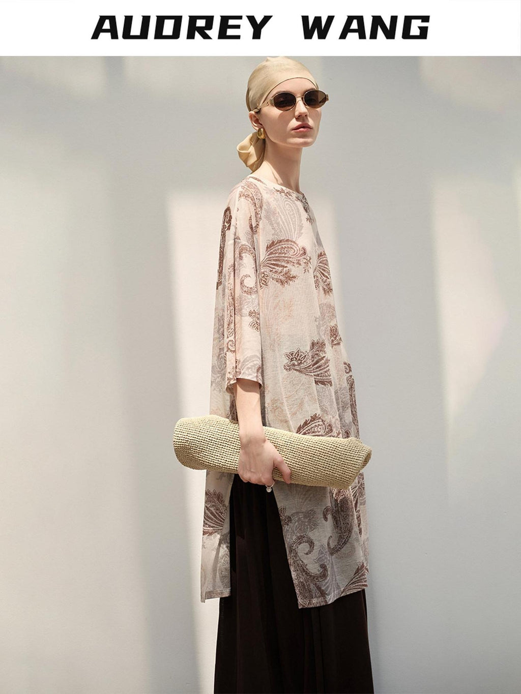 audreyyang Light Commuter Loose Paisley Print Round Neck Women Long Sleeve T-Shirts