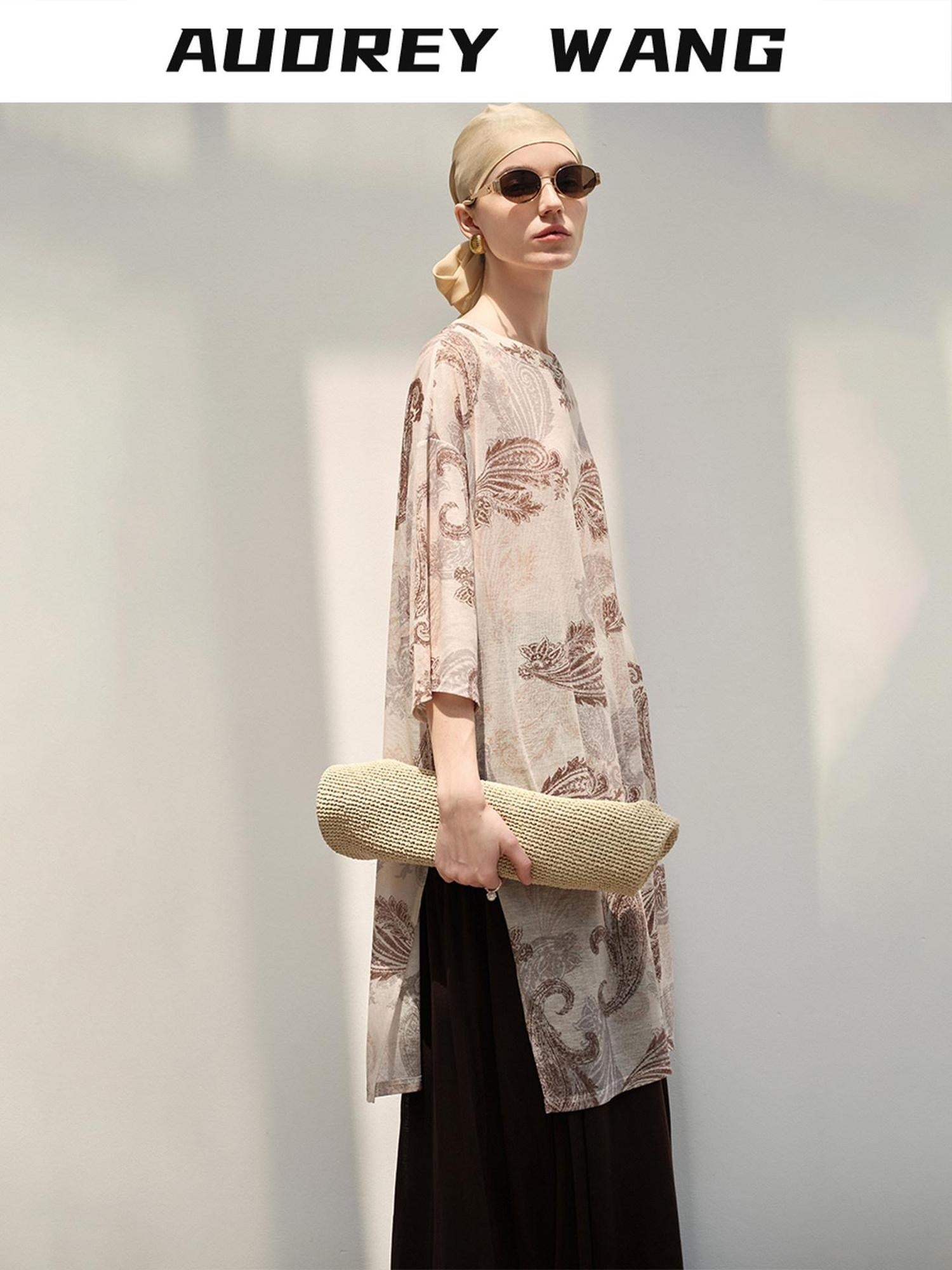 audreyyang Light Commuter Loose Paisley Print Round Neck Women Long Sleeve T-Shirts