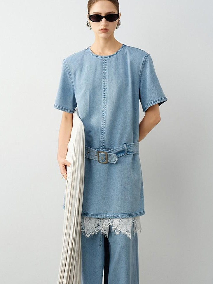 audreyyang Washed Tencel Micro Stretch Straight Fit Denim Blue Casual Short Sleeve T-Shirts