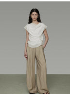 unspoken High Waist Pleated Elastic Workwear Khaki Viscose Wide Leg Pants